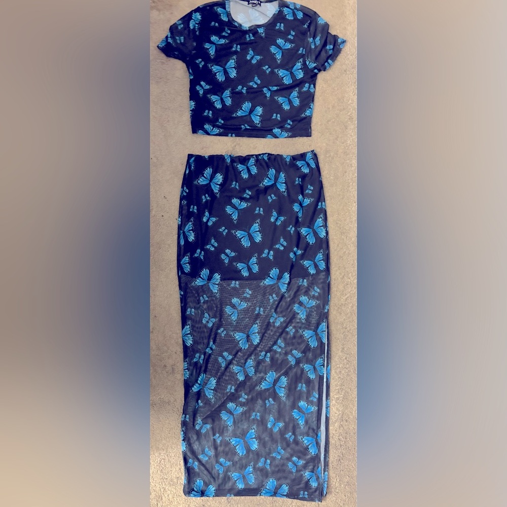 Blue Butterfly Print Skirt Set
